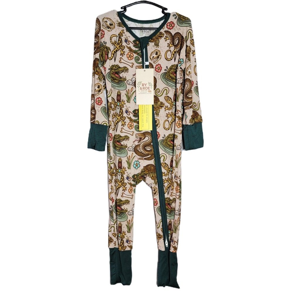 Ry & Roe Kids Co Bamboo‎ Zippy Romper 2T Reptile Skull Print Green Tan NWT